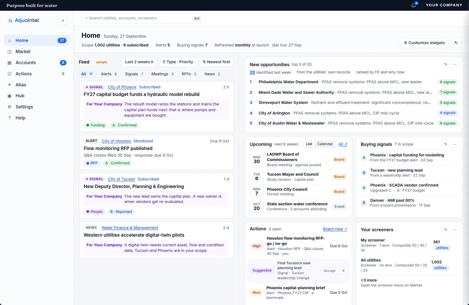 The demo's Home page. A feed of alerts and buying signals from utility records, five new opportunities ranked by fit, upcoming board meetings, and open actions.