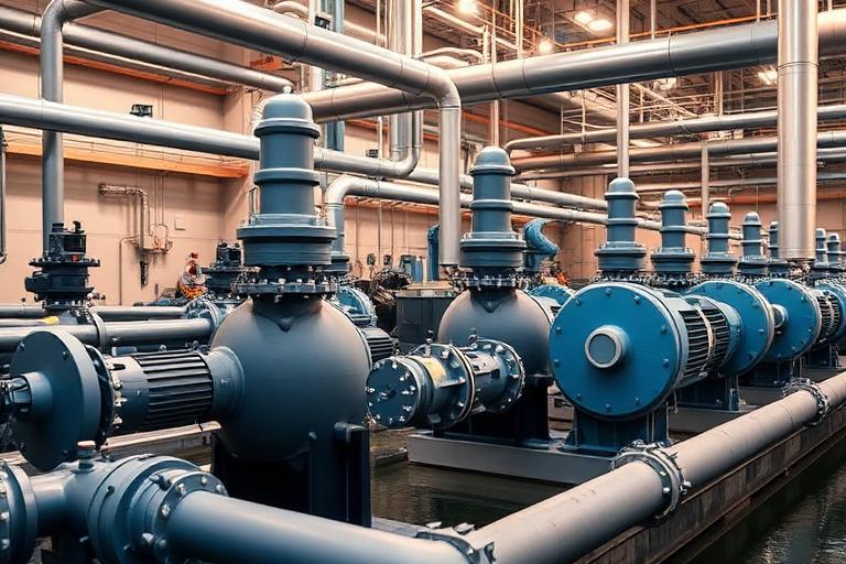 Industrial water treatment facility with pumps and filtration equipment